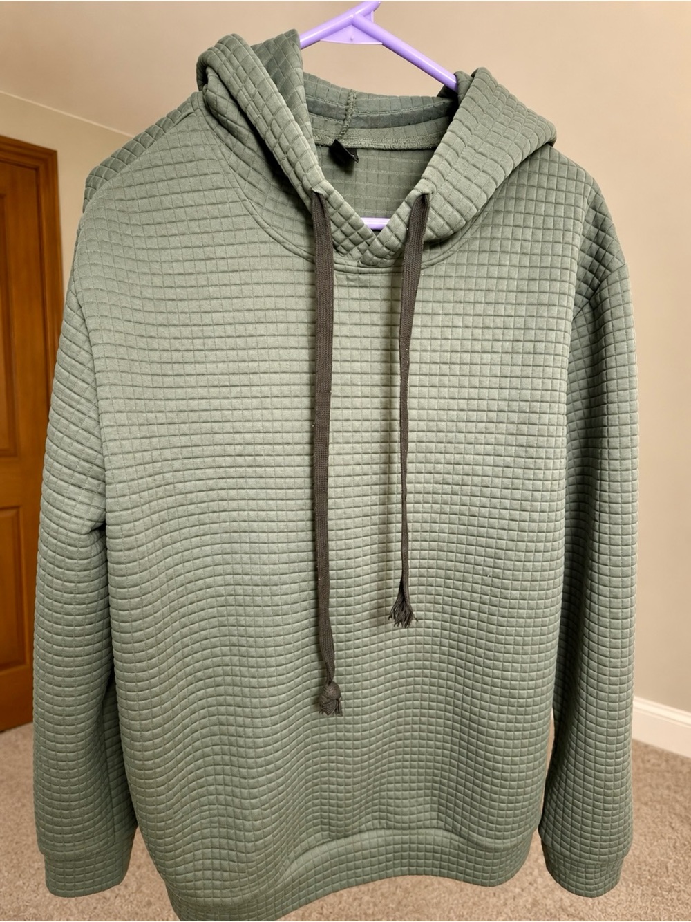 Sage Green Quilted Hooded Pullover Hoodie – Textured Waffle Knit